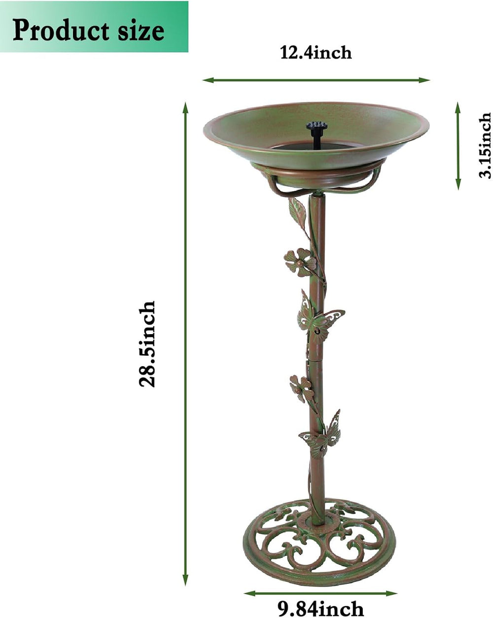 28.5"H Solar Bird Bath for Outside,Cast Iron Bird Bath with Solar Fountain