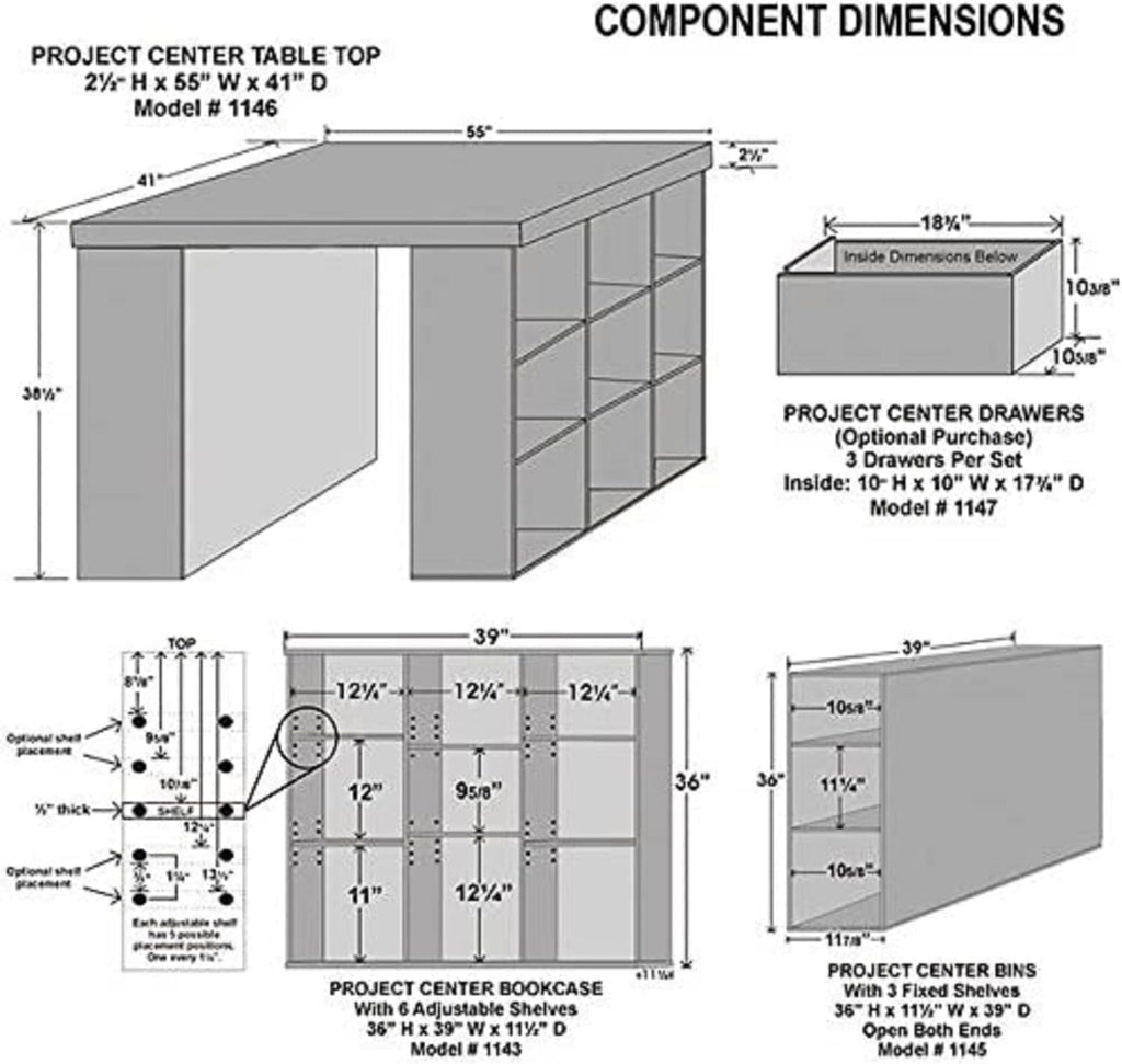 project center desk with bookcase and 3 bin, close-up detail