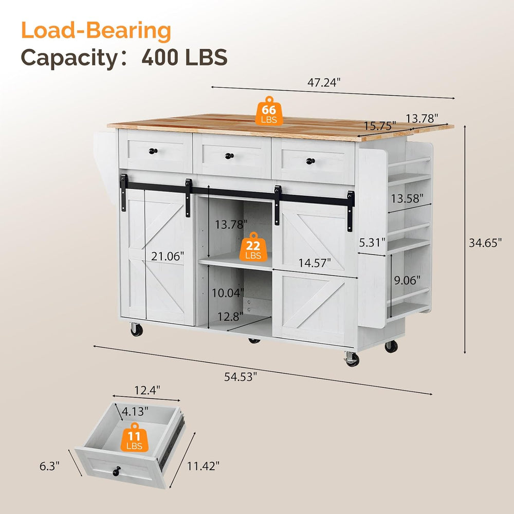 VINGLI 52" W Rolling Kitchen Island with Storage, Sliding Doors, White