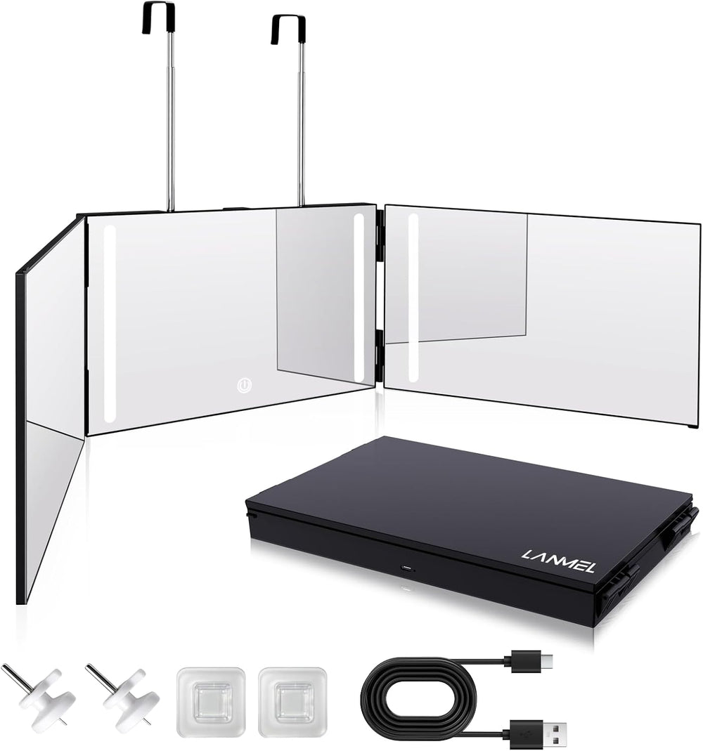 LANMEL 3 Way Mirror with Lights,360 Mirror for Haircuts for Men