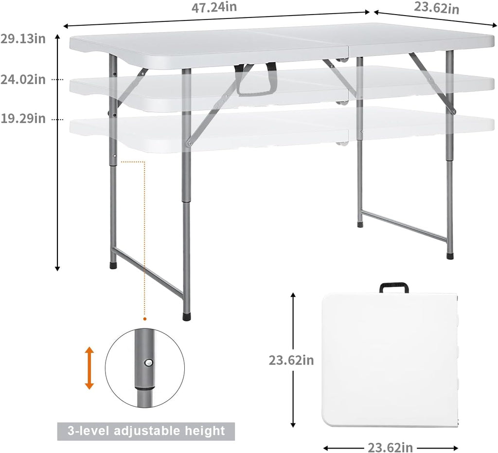 Lakhow 4FT Folding Table,3-Level Adjustable Height Heavy Duty Plastic Utility Table with Carrying Handle,White | Fold in Half,HDPE Top for Indoor Outdoor Camping Party Dining