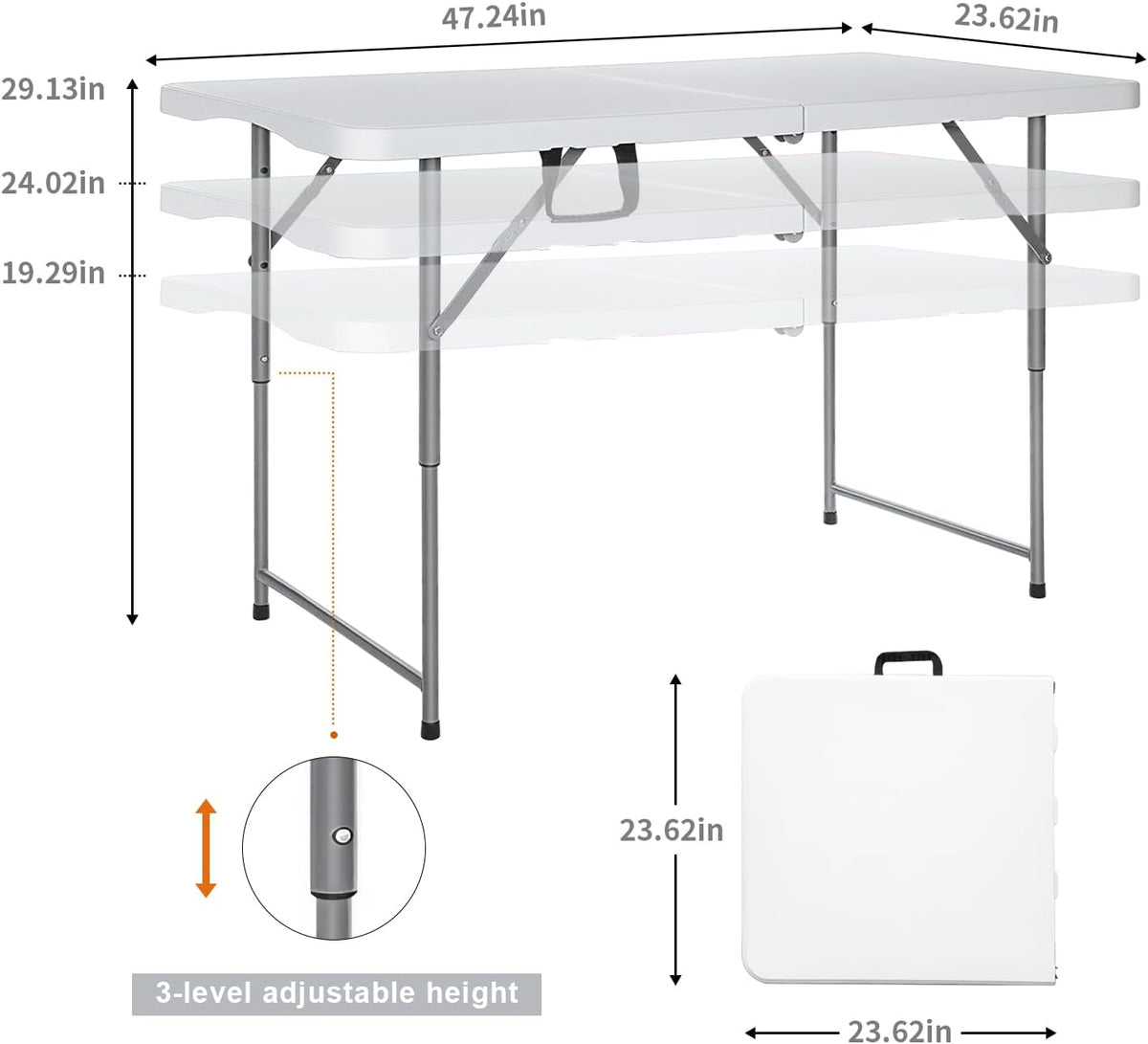 Lakhow 4FT Folding Table,3-Level Adjustable Height Heavy Duty Plastic Utility Table with Carrying Handle,White | Fold in Half,HDPE Top for Indoor Outdoor Camping Party Dining