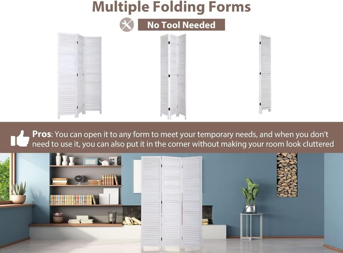 3-Panel Room Divider, 67" Tall Folding Privacy Screen with Louvered Wood Panels, Freestanding Partition for Bedroom Living Room Office, White