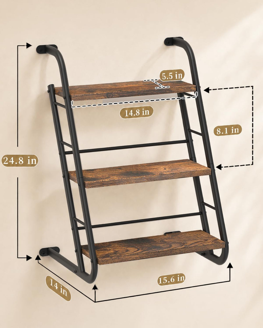 Floating Shelves for Wall,3-Tier Rustic Wood Ladder Wall Shelf,16" Brown