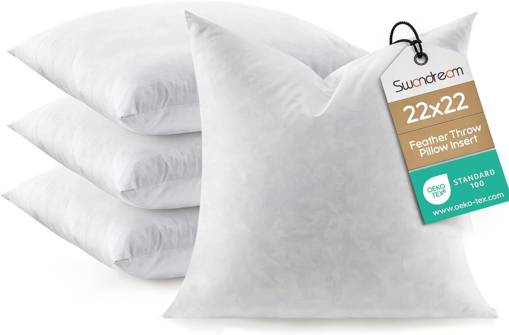 Feather Throw Pillow Inserts Set of 4, Soft Fluffy Square 22 x 22 Inches Deco...