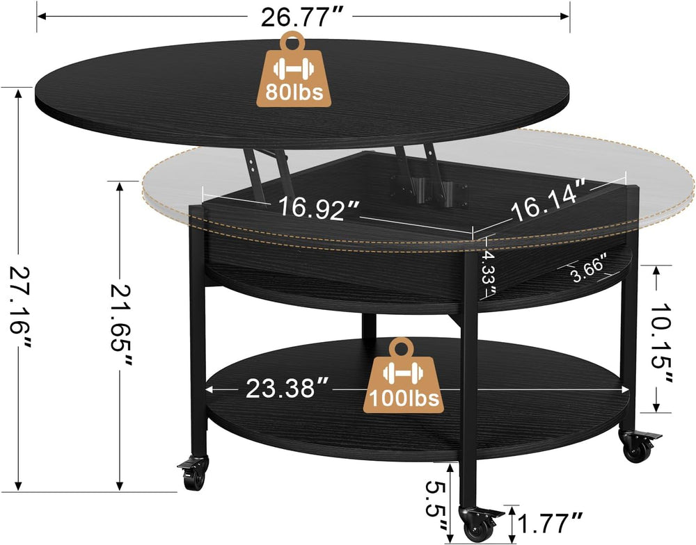 FABATO Small Round Lift Top Coffee Table with Wheels and Storage, Black