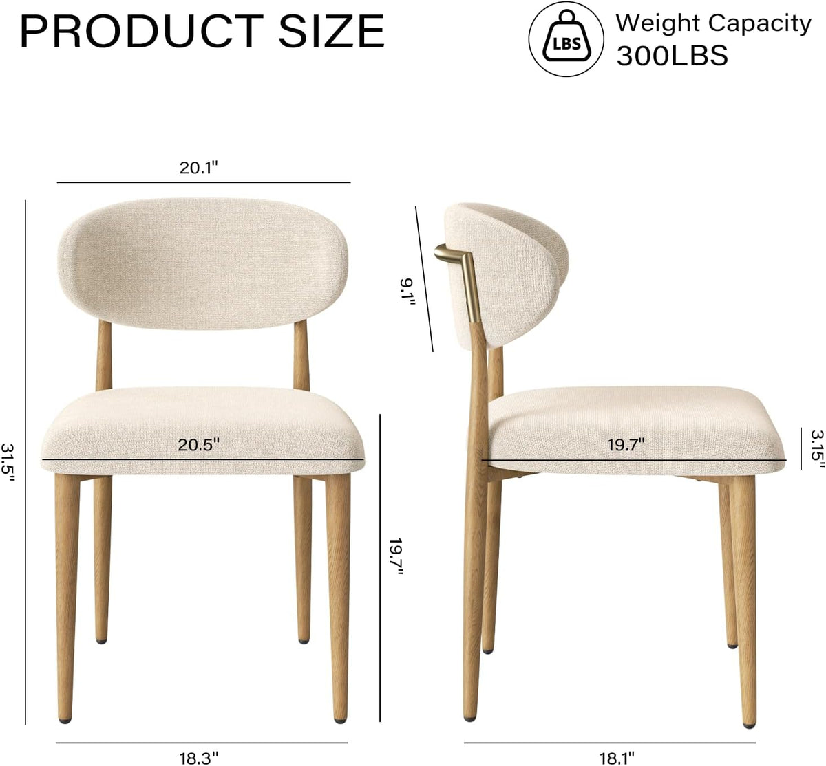 300LBS Dining Chairs Set of 2,Metal Kitchen Chairs,Modern Fabric Upholstered Dining Room Chairs with Ergonomic Curved Backrest for Kitchen Dining Room,Beige