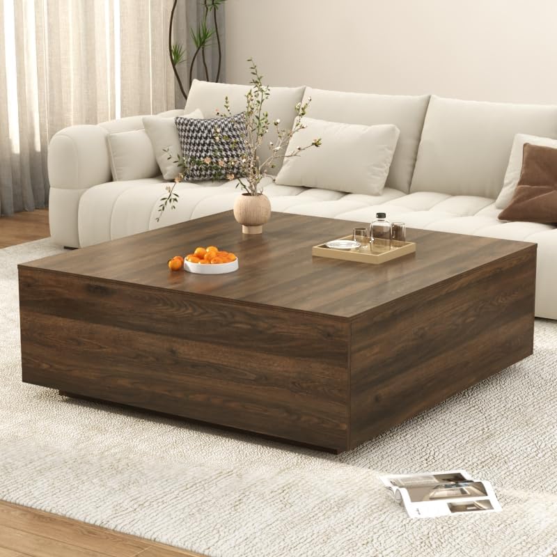 47 Inch Large Square Coffee Table with Storage,Wooden Coffee Table((Walnut)