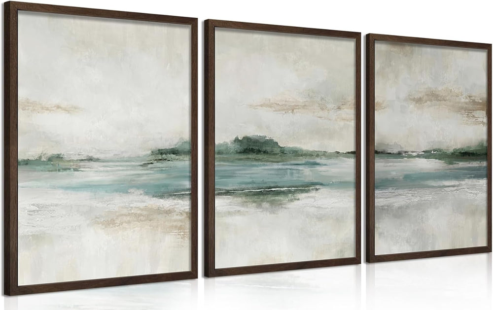 Abstract Wall Art Set of 3, Neutral Coastal Wall Decor, Blue Green Landscape ...
