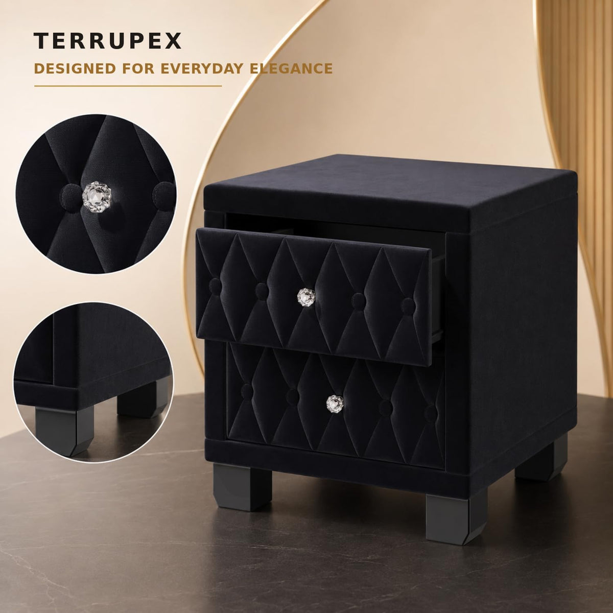 Bedside Table Nightstand with 2 Drawers, Velvet Button-Tufted Night Stand with Crystal Handle, Beige Storage End Table for Bedroom Living Room, Sturdy Small Nightstand with Wood Frame (Black)