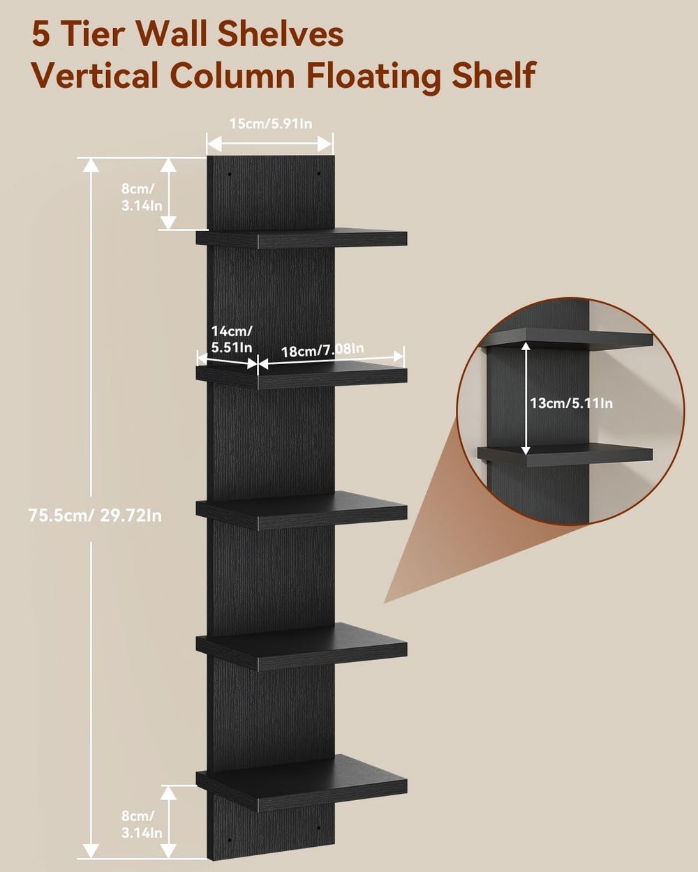 IBUYKE 5 Tier Wall Shelf Unit,Floating Storage Shelf Black WBC009B-2