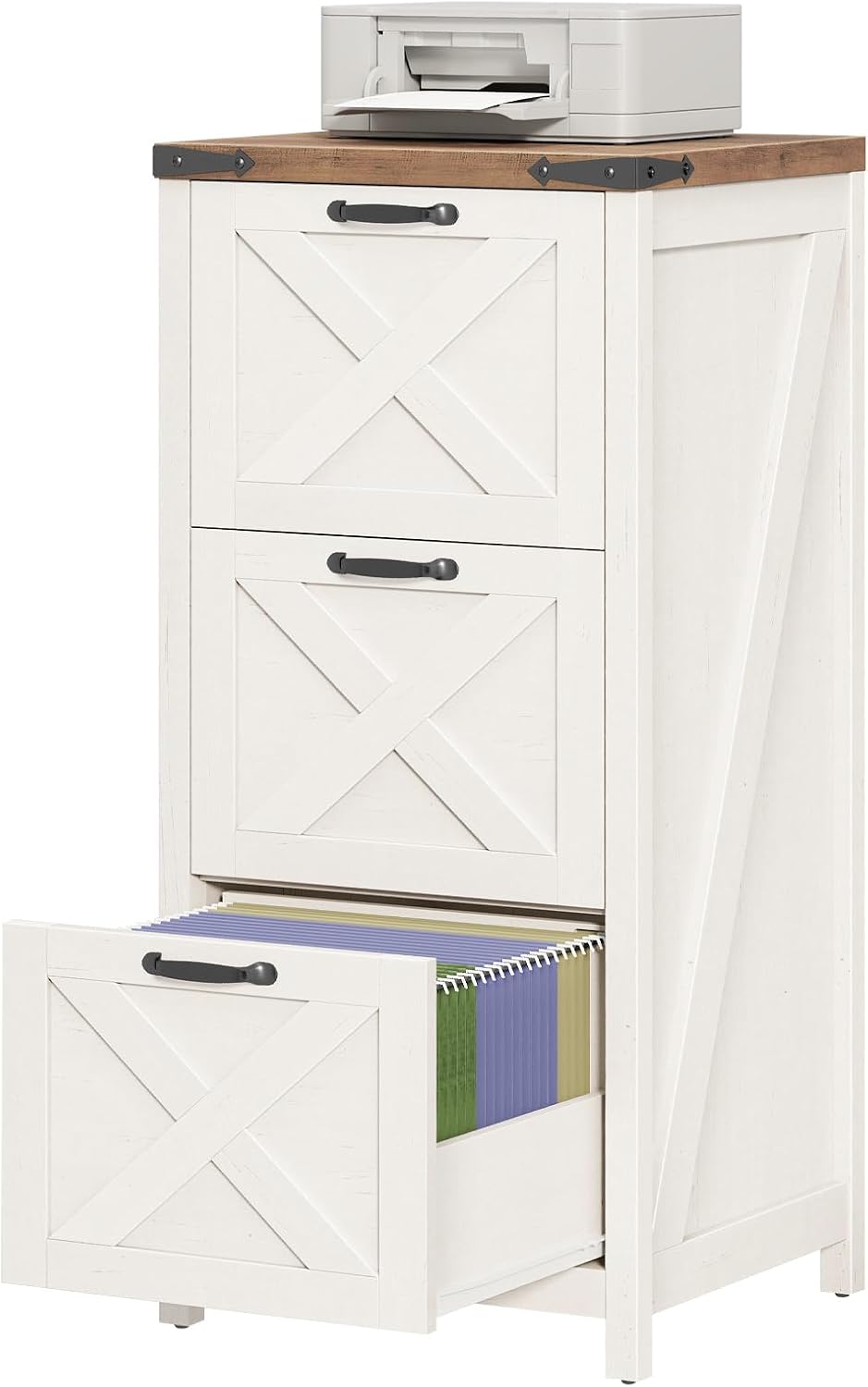 Vabches Farmhouse 3 Drawers Tall File Cabinet for Home Office, Rustic White