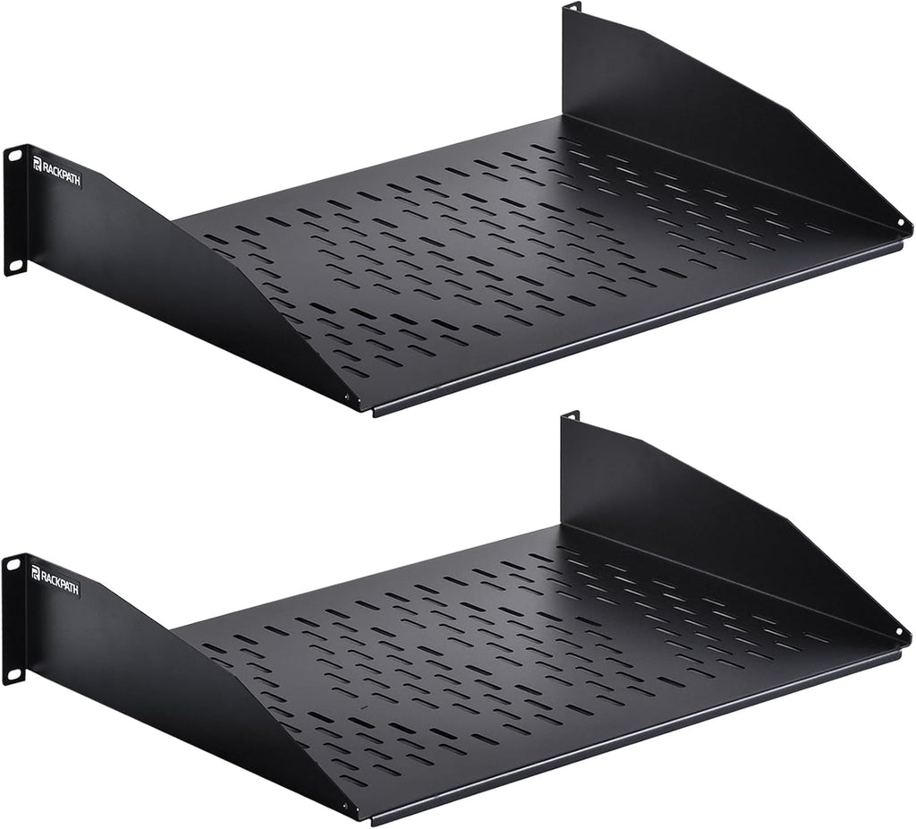 RackPath 2U Cantilever Universal Rack Shelf - 14in Deep – Rackmount Shelf for 19’’ AV/Network Equipment Racks – 55lbs Capacity - 2 Pack