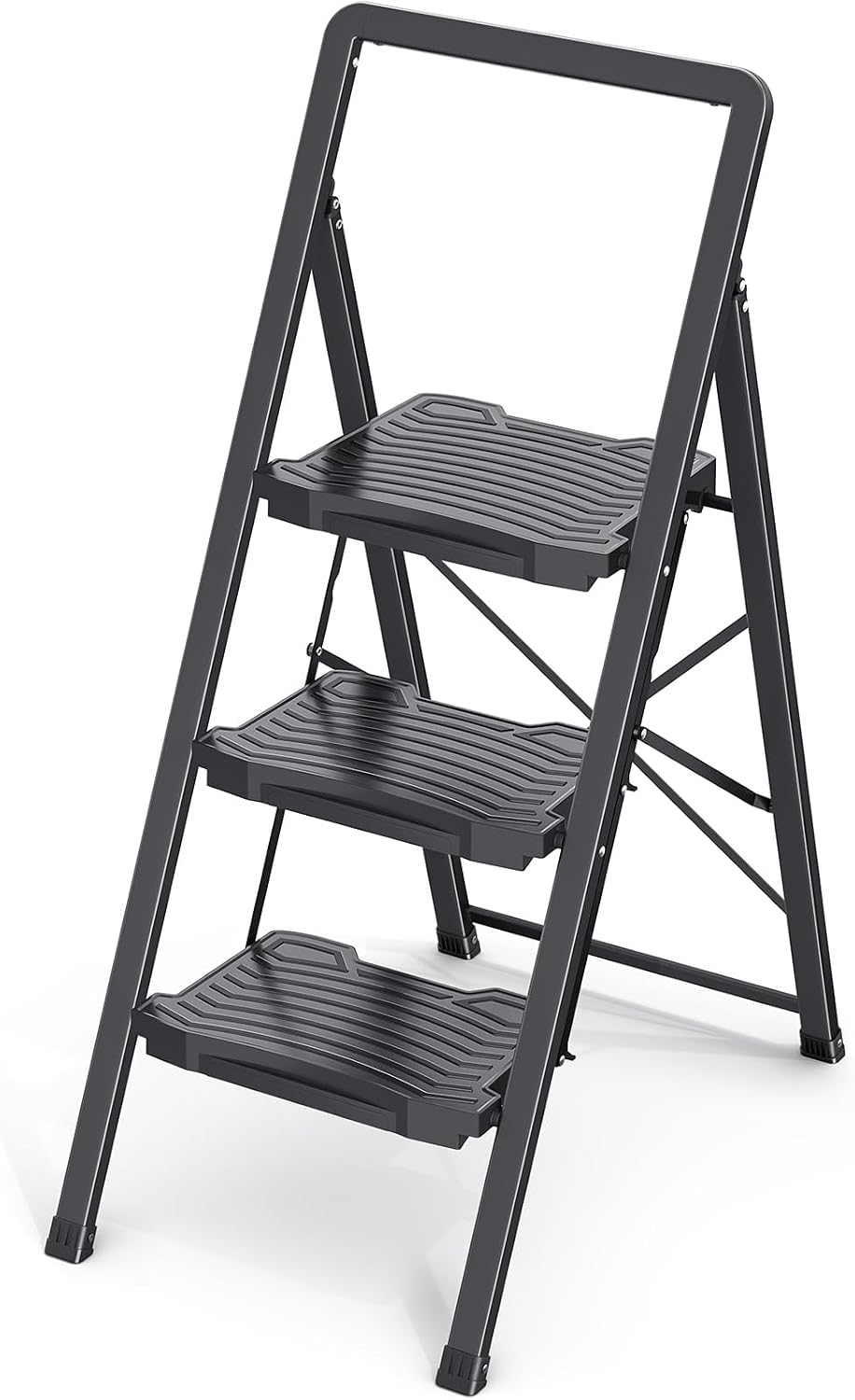 TOOLF 3-Step Ladder with Wide Pedals, Folding Steel Step Stool, Black