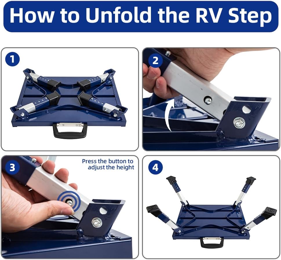 Homeon Wheels Adjustable RV Step Stool, Folding Aluminum Platform, Blue