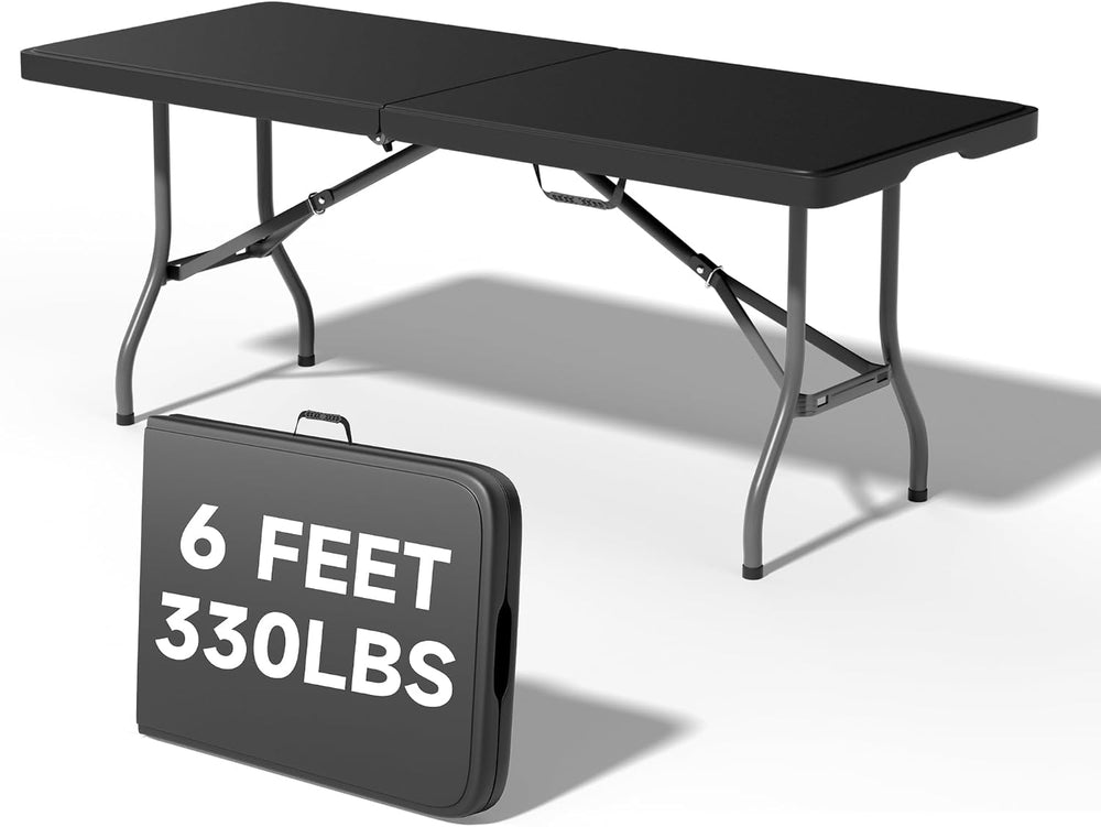 6 Foot Folding Table Black - Durable 330LBS Capacity, Sturdy & Foldable D...
