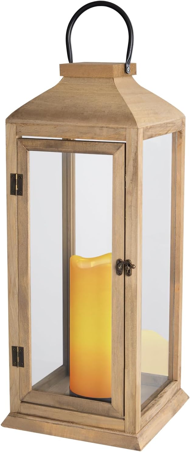 Bdor 22.5 Inch Outdoor Wooden Candle Lantern for Porch with LED Candle