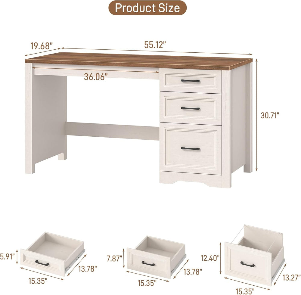 Vabches 55" Wooden Executive Desk with 3 Drawers, Farmhouse Computer Des...