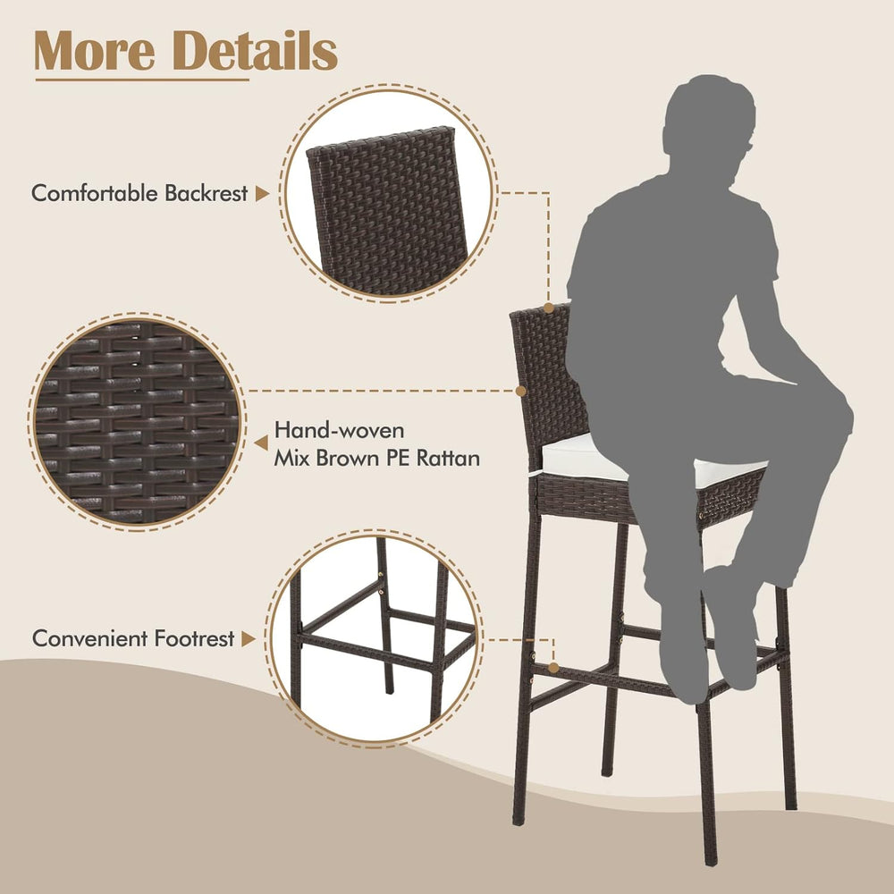 Tangkula Set of 2 Patio Wicker Barstools, Outdoor Bar Height Chair w/Soft Sea...