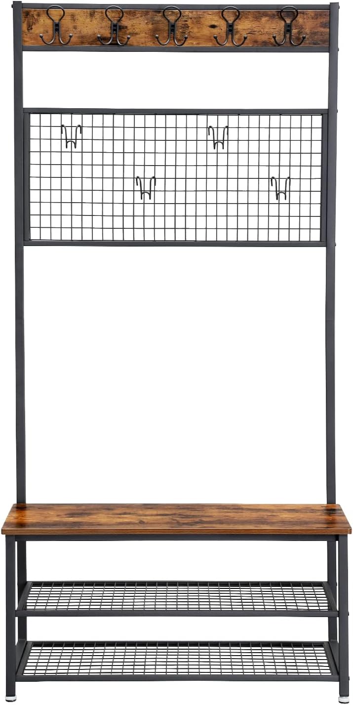 VASAGLE Coat Rack and Storage Bench, Hall Tree with 9 Hooks, Iron Frame