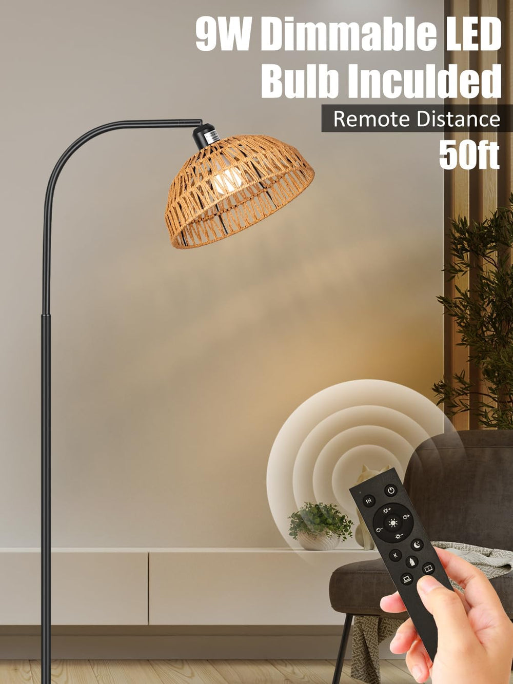 Brilvibera Boho Standing Lamp with Remote Control and Dimmable Bulb