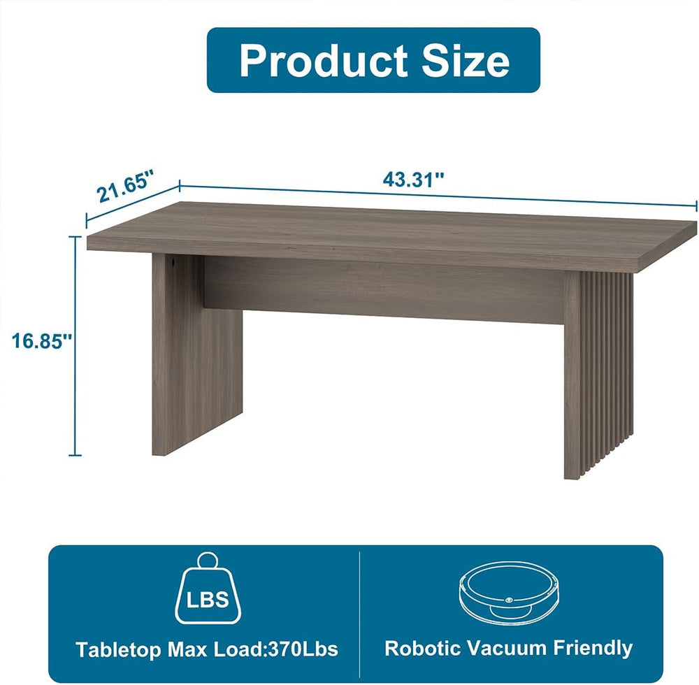 BON AUGURE 43 Inch Coffee Table, Fluted Wood Rectangle Living Room Tables