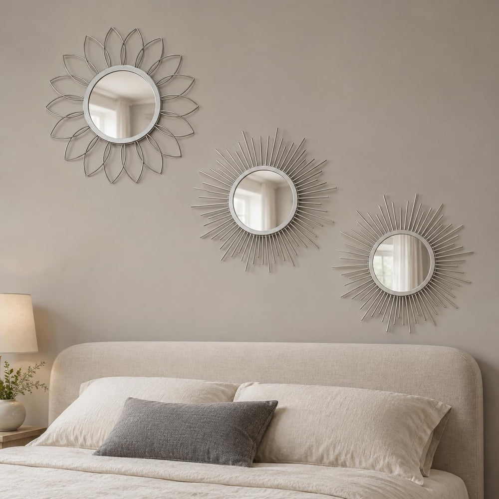 Silver Sunburst Mirror 14x14 Inch, Decorative Wall Accent with Metal Frame, S...