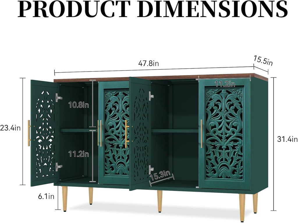 ARTPOWER 47.8" Vintage Accent Cabinet with 4 Hollow Carving Doors, Green
