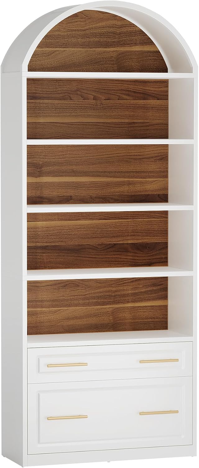 Tribesigns 76.8" Tall Arched 5-Tier Bookcase with File Cabinet Drawer