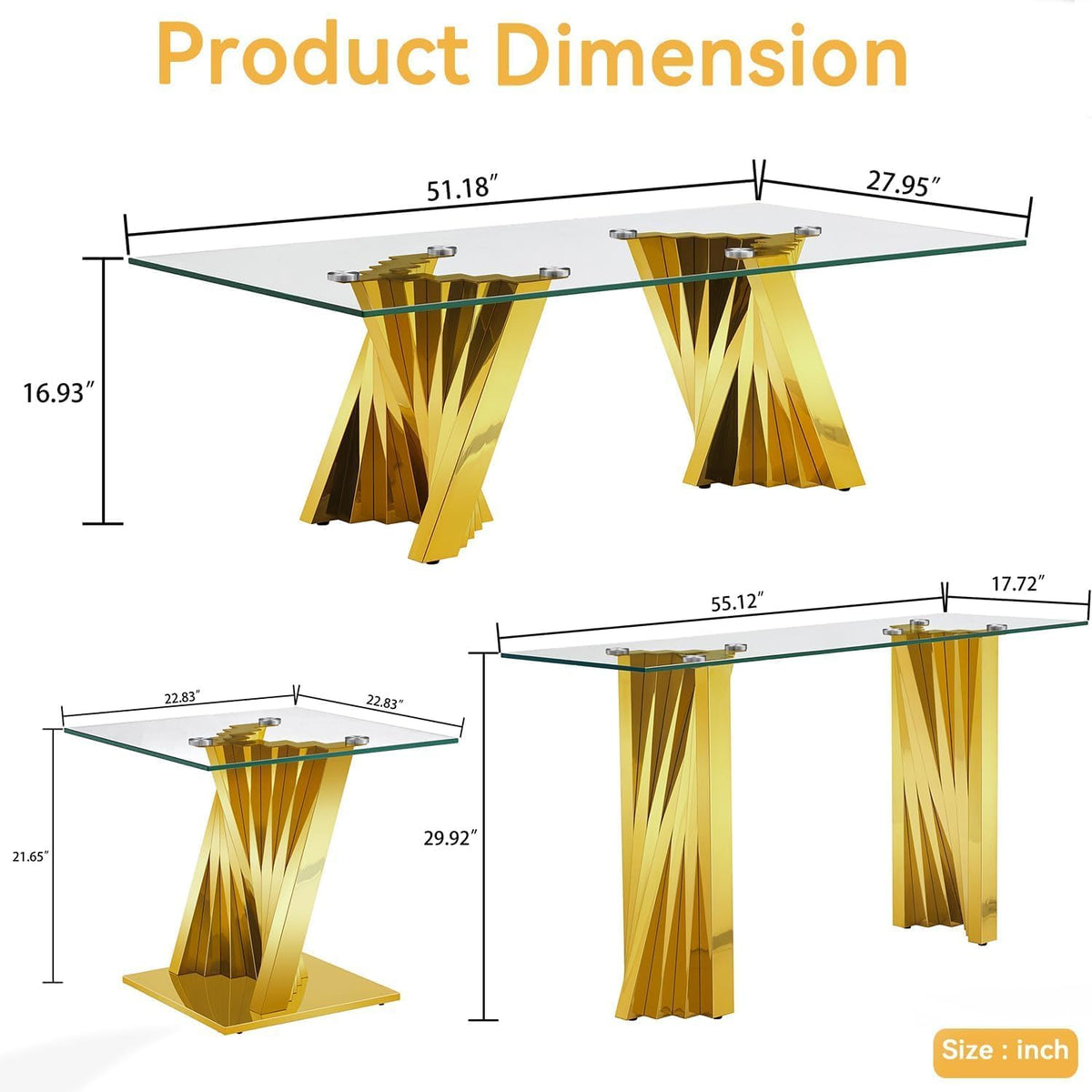 3 Piece Gold Living Room Table Set, Rectangular Modern Glass Coffee Table, Console Table and End Table, Luxury Coffee Table Set of 3 with Stainless Steel Legs for Apartment, Bedroom