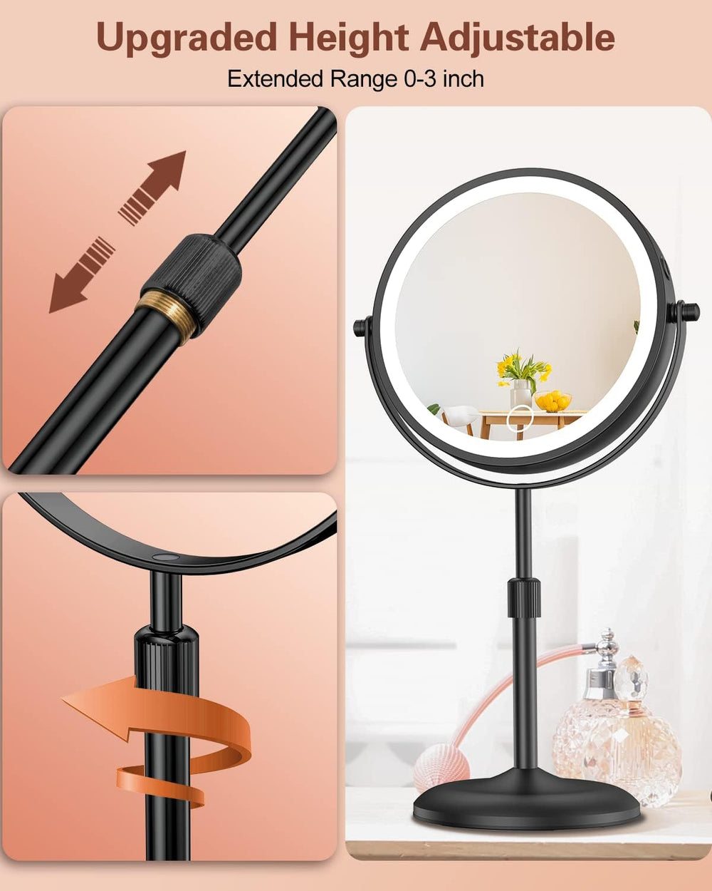 7" Lighted Makeup Mirror with Magnification 10X, Height Adjustable,3 Lights