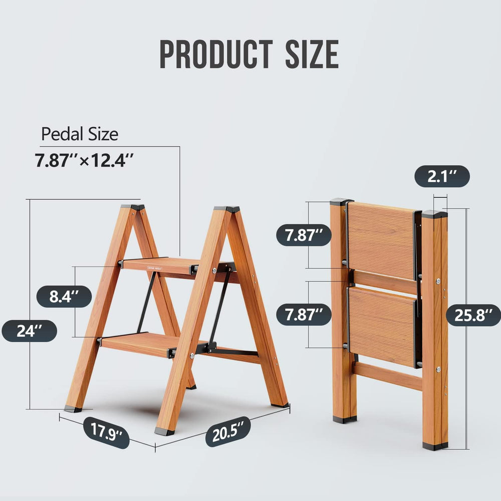 WOA WOA 2 Step Ladder, Foldable Step Stool, 300lbs Load, Wood Grain