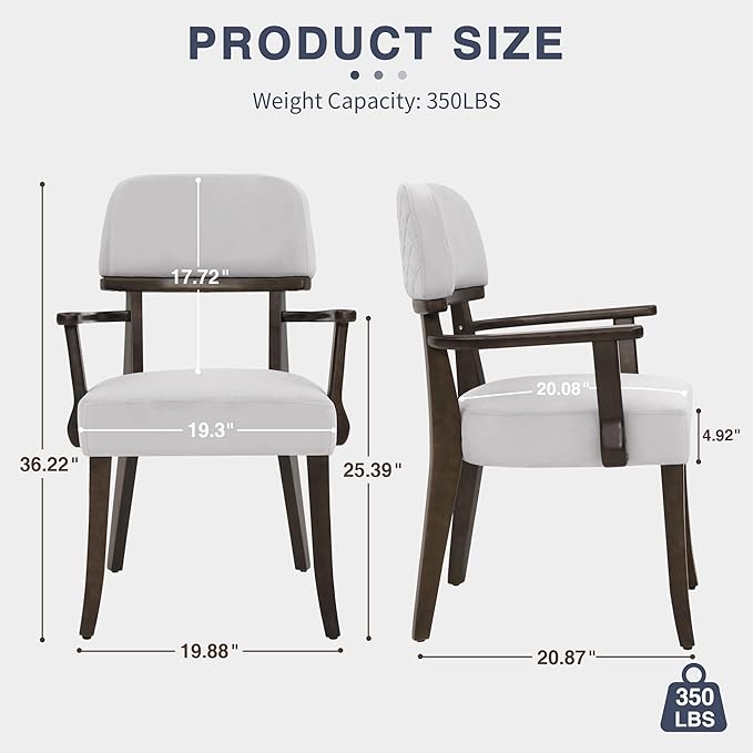 Modern Wood Dining Chairs with Arms, Velvet Upholstered Kitchen Chairs with Black Hardwood Legs & Open Curved Backrest, Accent Chairs 350 LBS Capacity, Grey