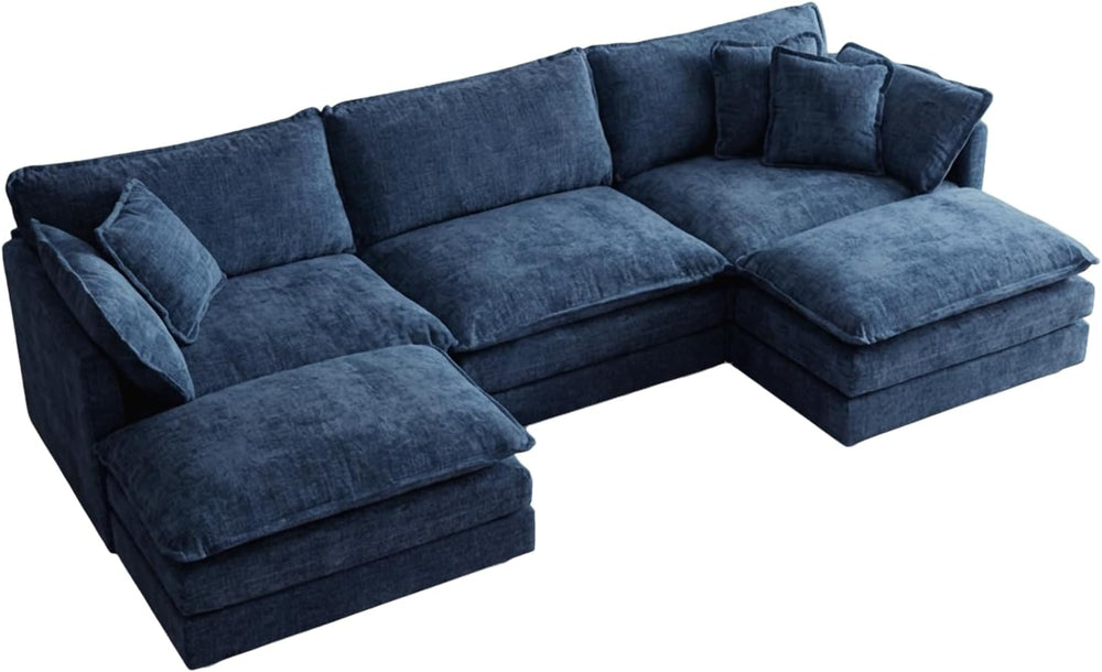 111.5" Modular Sofa 3-Seater Chenille Couch with 2-Ottoman,Blue