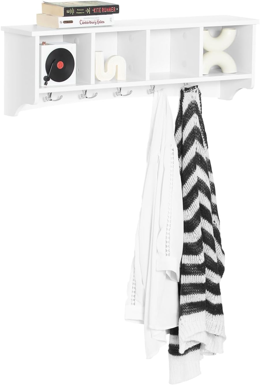 Haotian White Wall Shelf with Coat Hooks, Wall Coat Rack Entryway, Display St...