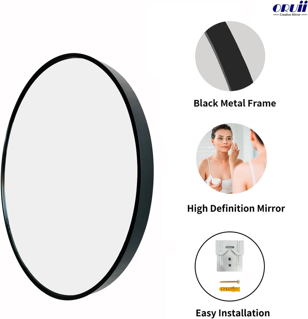 Oruii Round Mirror, 26 inch Black Circle Mirror, Matte Black Metal Frame