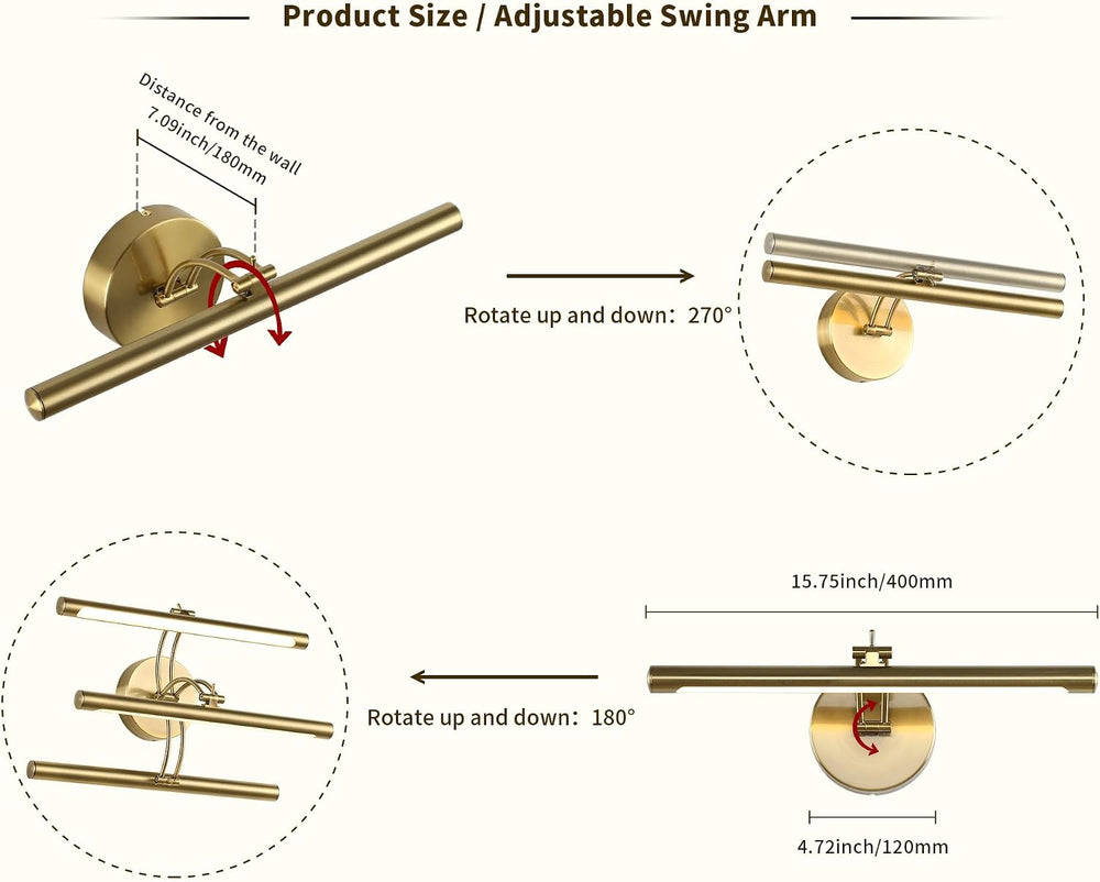 Picture Light Dimmable Hard Wired 15.75 Inch Adjustable Swing Arm Brass Wall ...