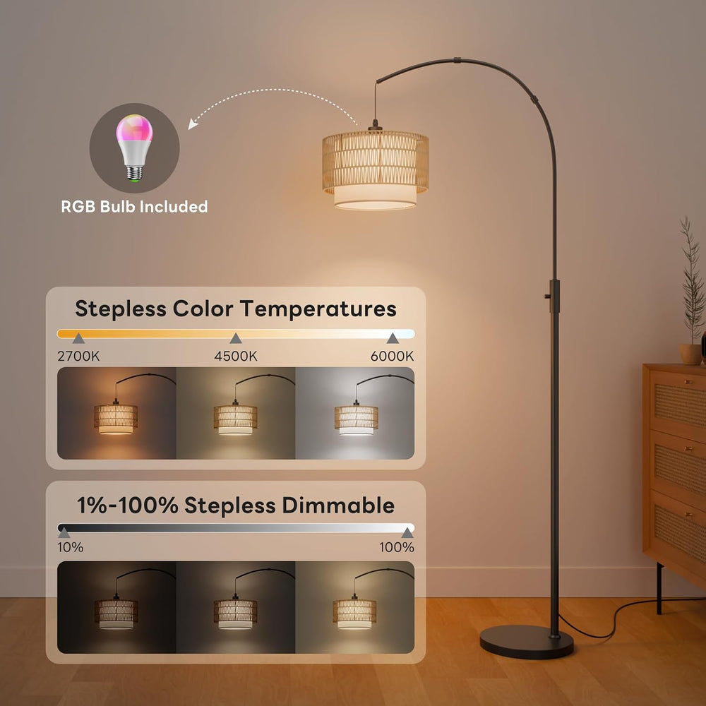 Boho Rattan Arc Floor Lamp, 71" RGB, Compatible with Alexa & App