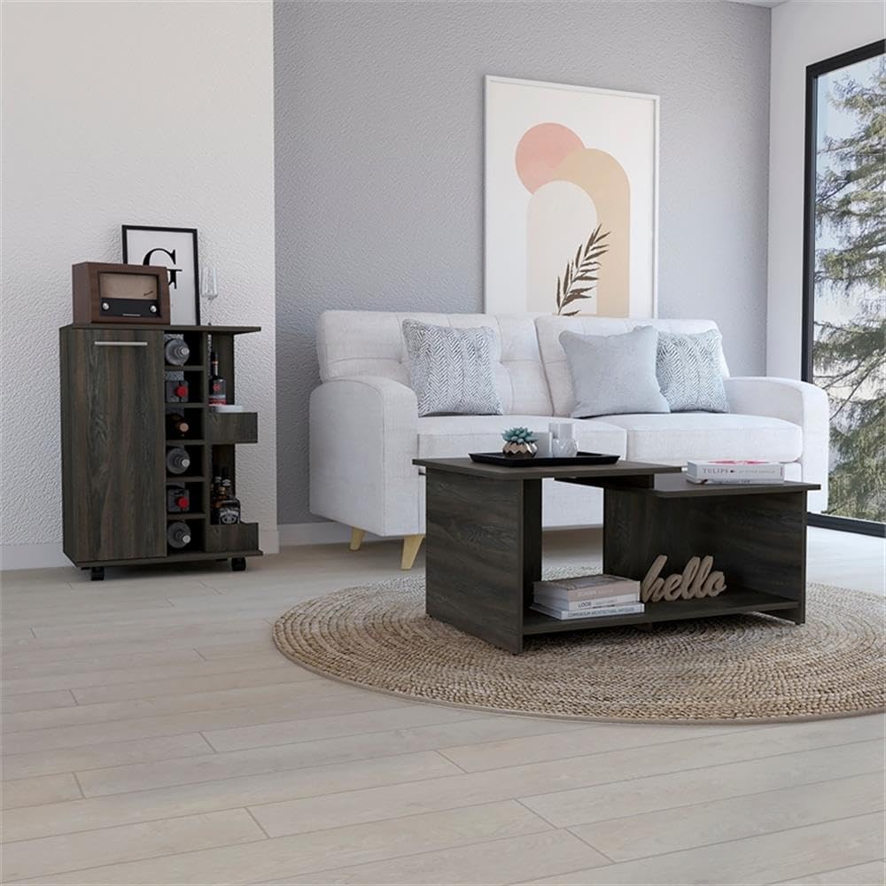 Pemberly Row 2-Piece Living Room Set, Bar Cart and Coffee Table, Espresso-Finished Wood, Compact Design with Storage, Wine Rack, Shelves, Casters, for Living Room, Dining Room, or Kitchen Use