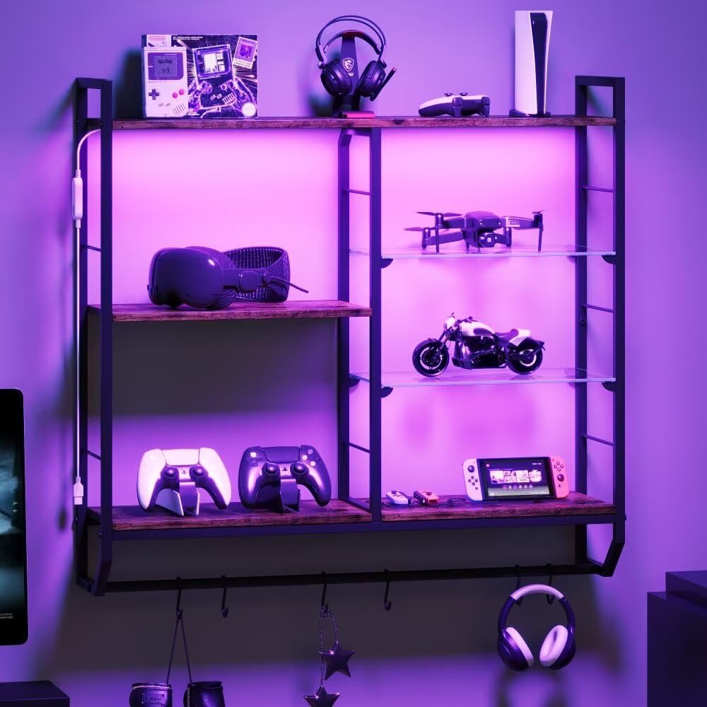 EYCOAL Gaming Floating Shelves, Wall Mounted Wooden Decor Display Shelf with ...