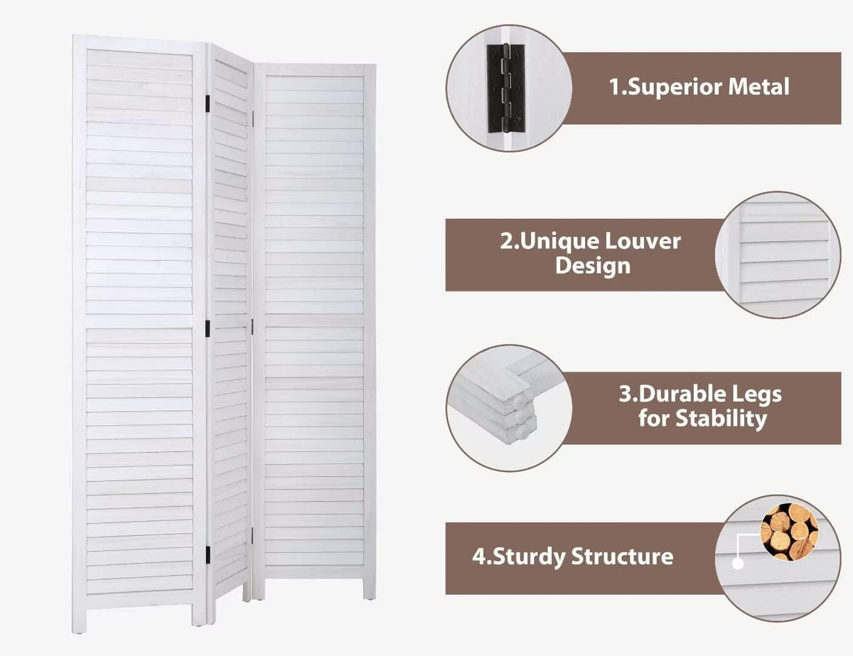 3-Panel Room Divider, 67" Tall Folding Privacy Screen with Louvered Wood Panels, Freestanding Partition for Bedroom Living Room Office, White