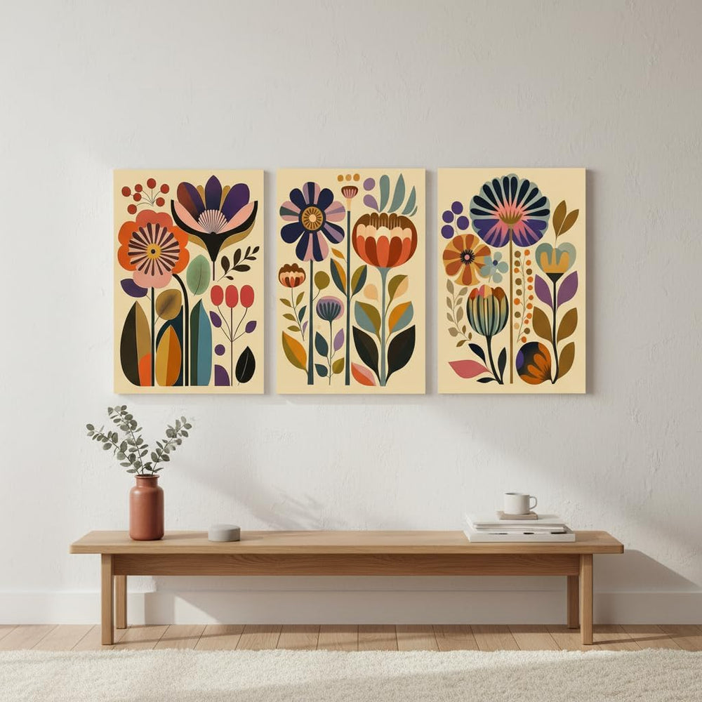 XIGBAWAN 3 Pcs Boho Floral Canvas Wall Art,Scandinavian Flower Wall Decor