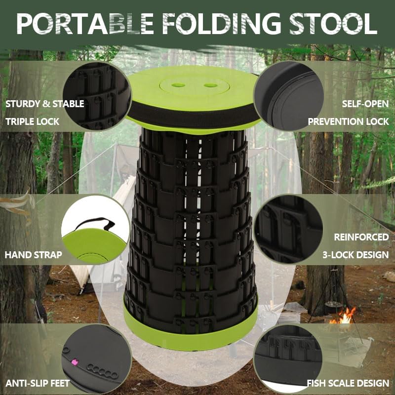 JAEMEYEM 2 PCS Upgraded Collapsible Stool Chair, Max 660lb Folding Stool, Lightweight, Sturdy, Adjustable, Portable, Foldable Seat Stools for Outdoor Camping Fishing Hiking BBQ