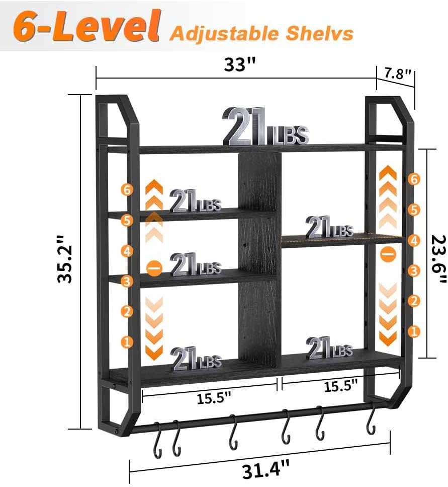 34 Inch Gaming Shelf, 6-Tier with LED Floating Shelf for Wall