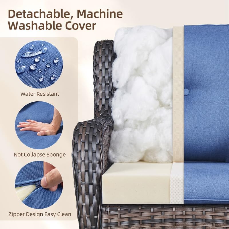2 Pieces Outdoor Wicker Swivel Rocker Patio Chairs Set of 2, Cushions Blue