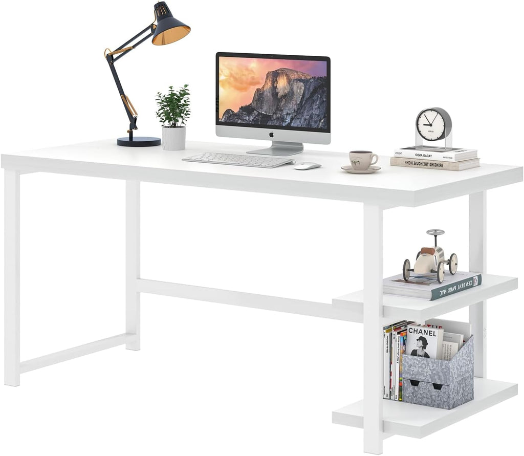 EXCEFUR White Computer Desk, Modern Home Office Desk with Storage Shelf, Wood and Metal Writing Study Table for Living Room Bedroom, 53 Inch