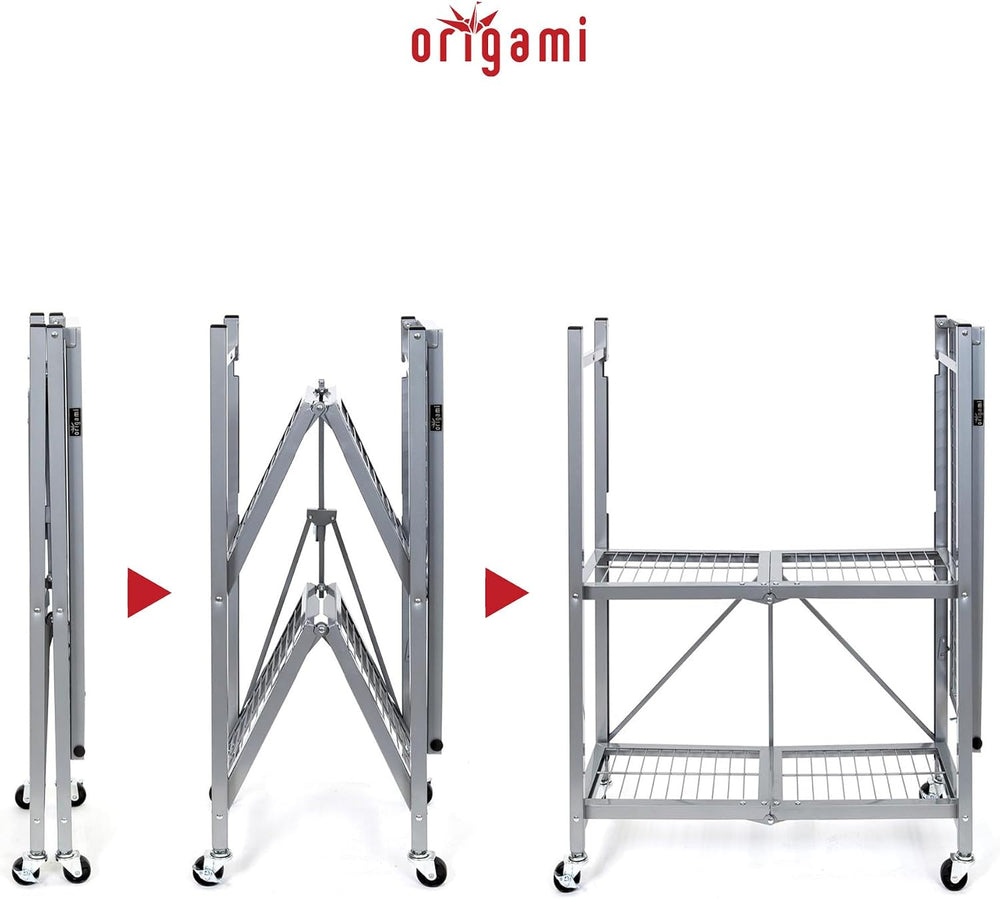 Origami R3 3-Tier Foldable Storage Rack with Wheels, Platinum