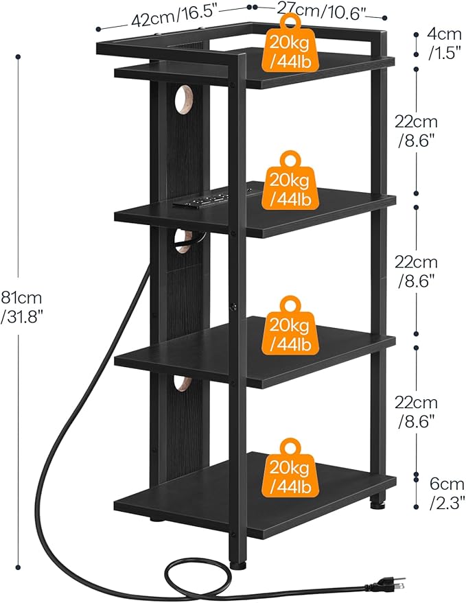 HOOBRO 4-Tier AV Media Stand with Charging Station and LED Light, Wooden Stereo Stand, Rack Audio Tower, Corner TV Stand, Entertainment Device, Black BB38UDCJ01