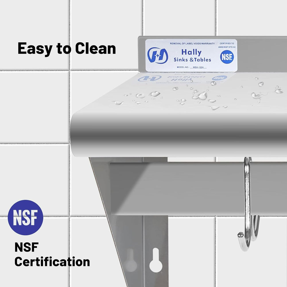 Hally Stainless Steel Shelf with 4 Hooks 12"x24" Wall Mounted Pot R...