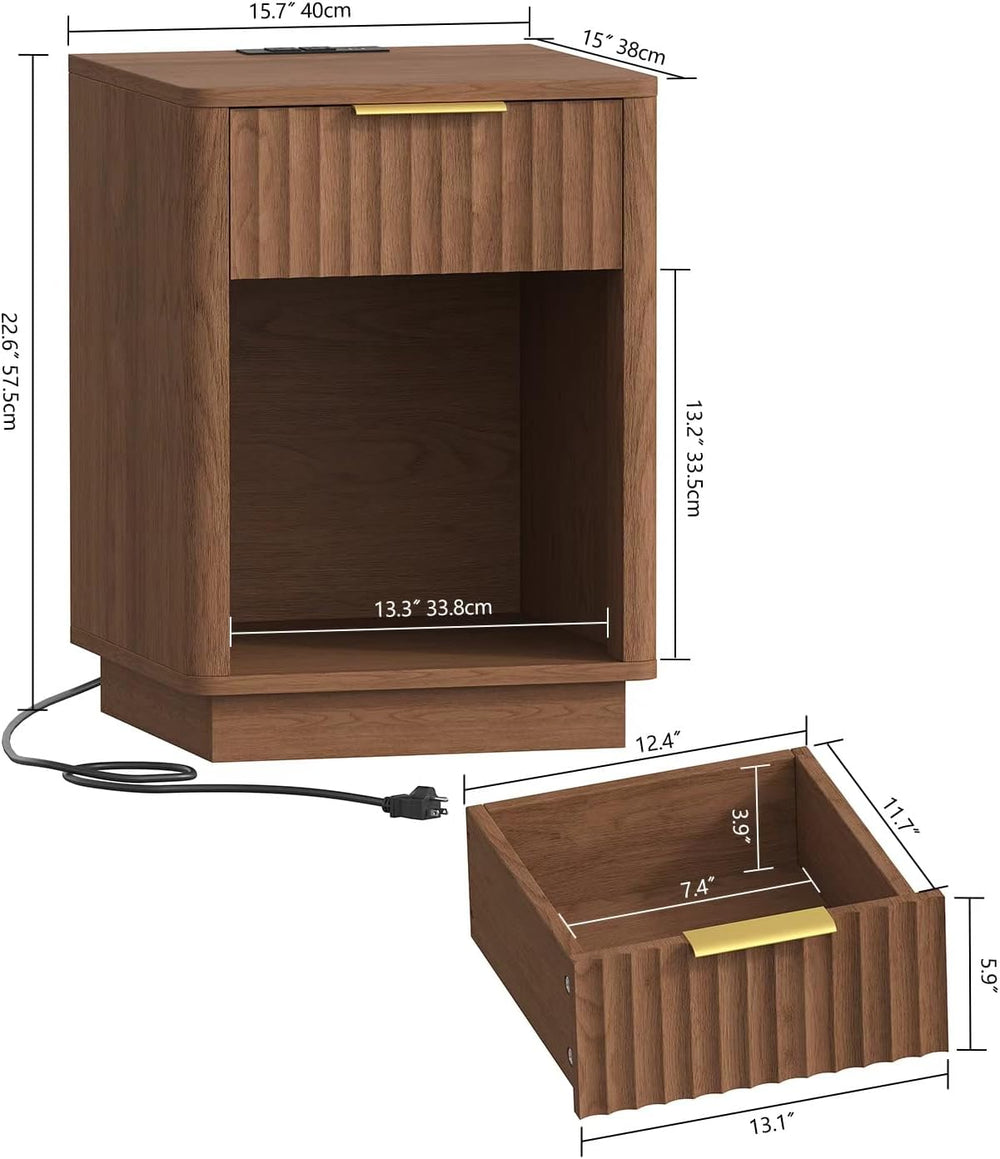 Akxomel Fluted Nightstand Set 2 Bedside Table with Charging Station Walnut